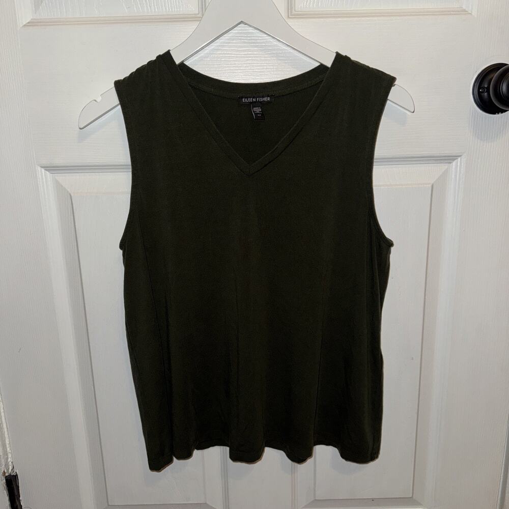 Eileen Fisher Women’s Dark Green V Neck Tank Size M Viscose Tencel Blend